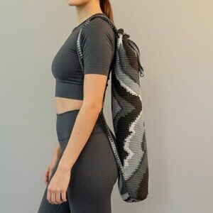 Crocheted Gray Yoga Mat Bag Includes Gaiam Blue Printed Medallion Mat